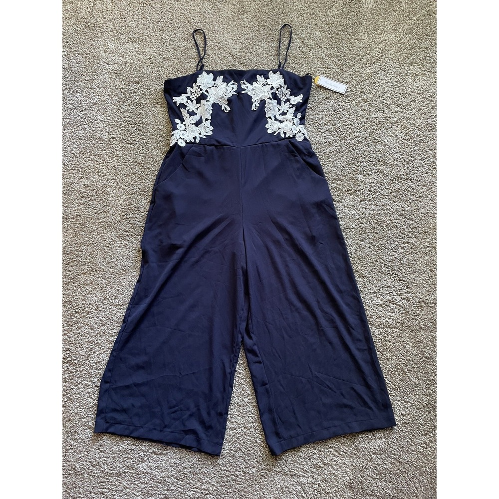 NEW Premier Amour‎ Sleeveless Jumpsuit pants size 16 Navy blue/white floral top!
